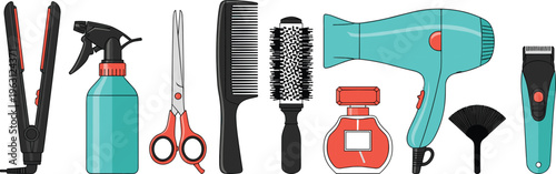 Hair salon and barber tools set isolated on light background, professional beauty equipment collection for hairstyling, haircut, grooming, fashion, and cosmetic design