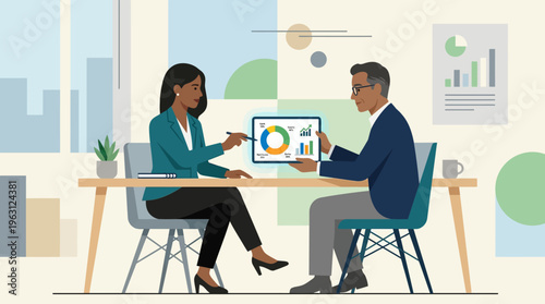 Business Financial Advisor and Client Reviewing Investment Data and Analytics on a Digital Tablet in a Modern Office, Flat Illustration