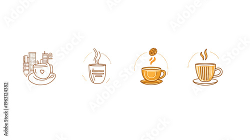 Four stylized coffee cup illustrations in a brown and orange color scheme against a white background