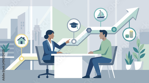 Financial Planning and Investment Strategy Advisor Meeting with Client for Wealth Management and Life Goals