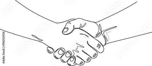 Handshake line art illustration symbolizing partnership, agreement, trust, and teamwork, minimal continuous line drawing isolated on light background for business, cooperation, and unity concepts