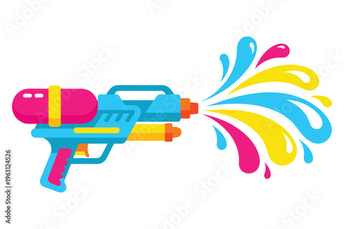 Water gun shooting colorful water splashes in a playful and vibrant scene.