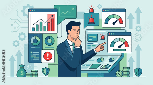 Businessman Analyzing Financial Data and Risk Management Dashboard for Business Growth and Performance Tracking