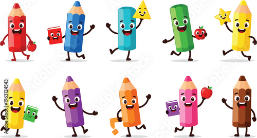 Cute cartoon pencil characters set with smiling faces, colorful school supplies mascots, playful education theme, kids illustration, funny stationery design isolated on white background
