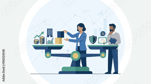 Business People Balancing Financial Assets and Investments on a Scale for Wealth Management Strategy