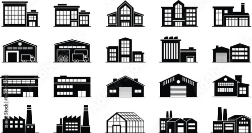 Industrial and commercial building silhouettes set, factory, warehouse, and garage structures vector illustration isolated on light background for construction, manufacturing, and business design