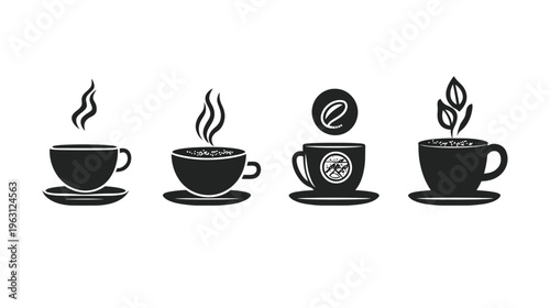 Monochrome illustration features four stylized cups on saucers, each showing steam, bean and leaf symbols