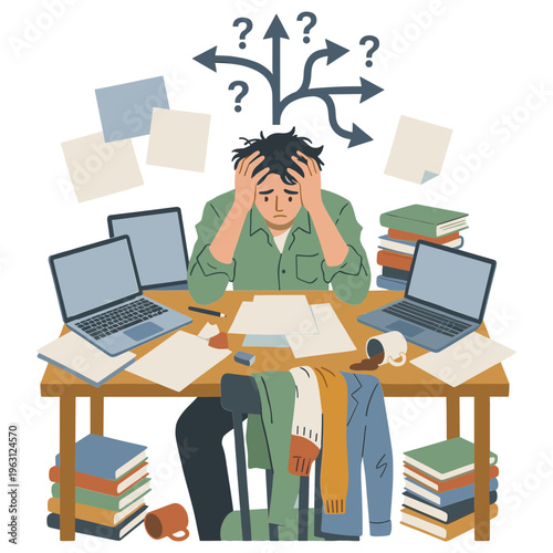 A stressed man sits at a cluttered desk with laptops, books, and papers, rubbing his temples amidst confusion.