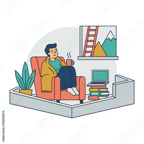 Person sitting in chair with coffee cup on laptop books indoor