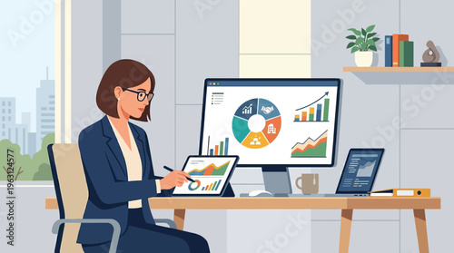 Businesswoman Analyzing Financial Data and Charts on Multiple Screens in Modern Office, Data Analysis and Business Intelligence Illustration