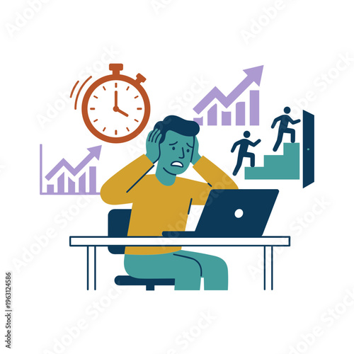 Busy man sitting at desk with laptop stressed about deadlines and graphs