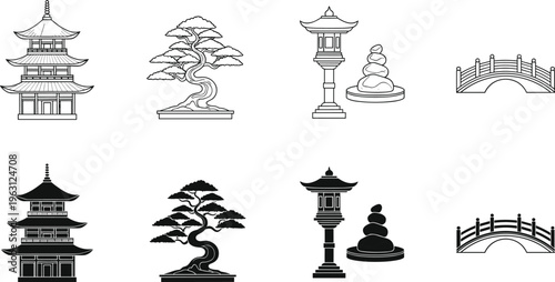 Japanese culture icon set with pagoda, bonsai tree, stone lantern, zen rocks, and bridge in outline and silhouette style