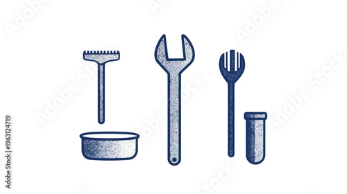 Illustration featuring various tools with a textured, grunge style, against a white background