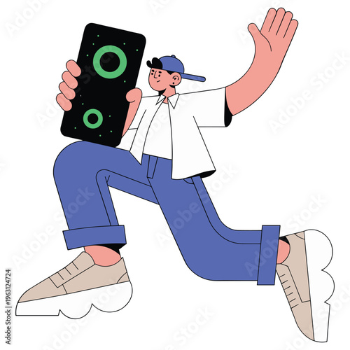 Young man in casual clothes running with a large smartphone, energetic pose, abstract style.