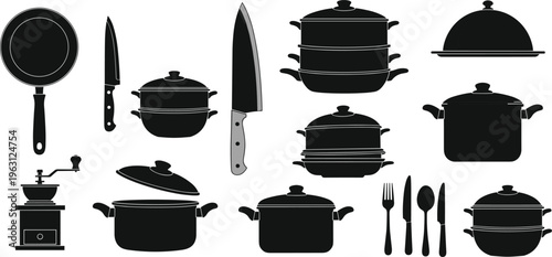 Kitchen utensils silhouettes collection with pots, pans, knife and cookware set, cooking tools illustration, culinary equipment icons, isolated black design on white background