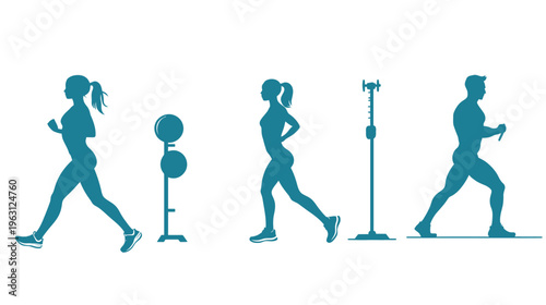 Silhouettes of people exercising, with a dumbbell rack and an IV stand, on a white background