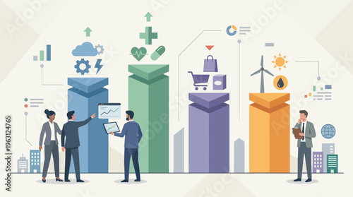 Business Professionals Analyzing Industry Growth Data and Market Trends across Technology Healthcare Retail and Renewable Energy Sectors - Flat Style Infographic