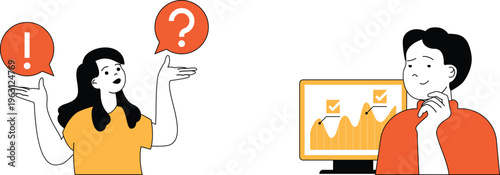 Two individuals pondering different approaches to solving a problem using data and questioning signs