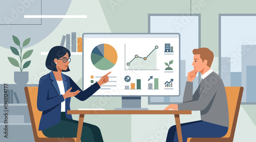 Business Consultant Presenting Data Analysis and Financial Reports on Computer Screen to Client in Modern Office