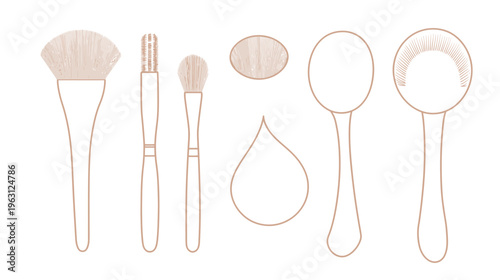 Beige line art composition of makeup applicators and accessories over a white background