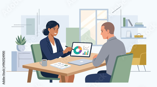 Business Consulting and Data Analysis Presentation: Professional Woman Showing Financial Reports on Digital Tablet to Client in Modern Office Setting