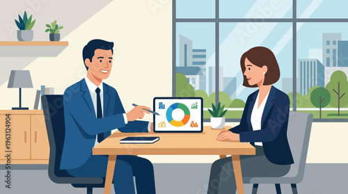 Business Consultant Presenting Financial Growth and Investment Strategy to Client in Modern Office
