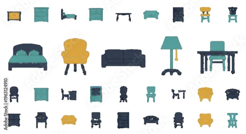 Furniture icon set close-up composition, large prominent icons (bed, sofa, chair, table, lamp) with smaller icons around, solid flat filled style, minimal modern vector illustration, clean shapes,