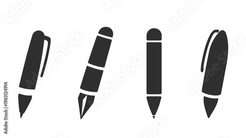 Four black and white illustrations of different pens, including fountain and ballpoint styles