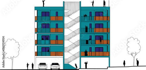Apartment building cutaway illustration with people silhouettes, modern residential architecture, balconies, stairs, and urban living scene isolated on white background