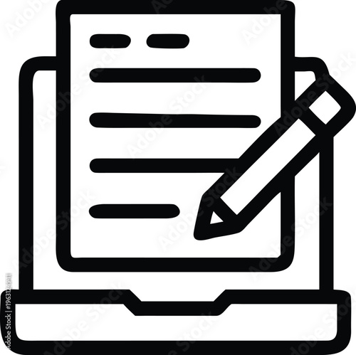 Online Content Writing Laptop and Pencil Document Icon Vector Illustration.