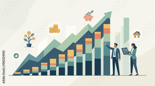 Business Professionals Analyzing Financial Growth and Investment Strategy; Flat Vector Illustration of Upward Trends, Success, and Wealth Management