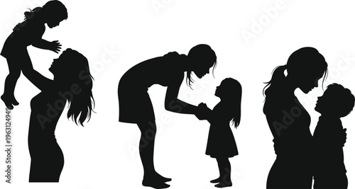 Mother and child silhouette set showing love, care and bonding in different poses, family relationship concept isolated on light background