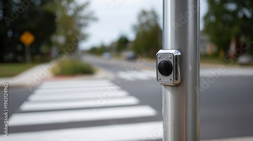 Wallpaper Mural Pedestrian crosswalk button on a pole with a blurred street and zebra crossing in the background during daylight hours Torontodigital.ca