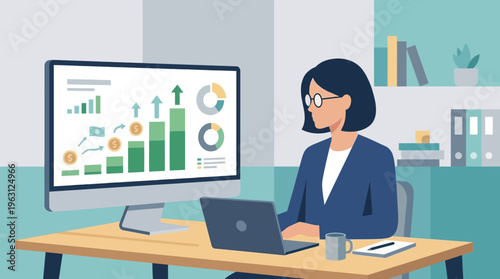 Businesswoman Analyzing Growth Charts and Financial Data on Computer in Modern Office, Flat Vector Illustration