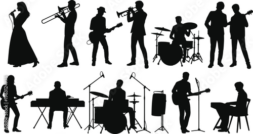 Music band silhouette set with singers and musicians playing instruments, vector illustration collection isolated on light background for concert, performance, and entertainment design