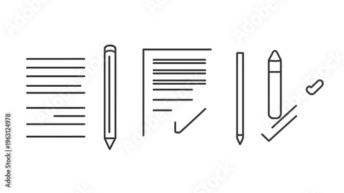 Line art illustration of papers, pencils, and checkmarks; office or school theme