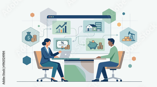 Financial Advisor Consulting Client on Investment Portfolio and Wealth Management Illustration