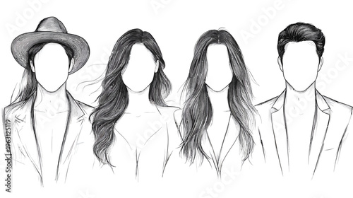 Illustration of four faceless people with different hairstyles in a black and white sketch
