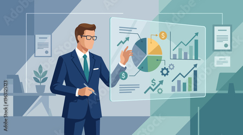 Businessman Analyzing Financial Data and Market Trends on Digital Interface, Growth Strategy and Investment Analysis Flat Vector Illustration