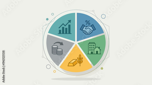 Asset Allocation Pie Chart for Investment Portfolio Diversification Infographic with Financial Icons for Stocks, Real Estate, Commodities, and Banking