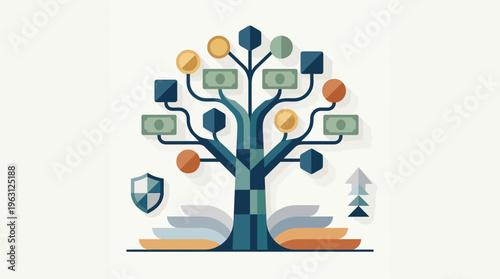 Financial Growth Concept Illustration: Money Tree Growing from an Open Book with Currency, Coins, and Security Shield for Investment, Education, and Wealth Management