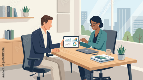 Business Professionals Collaborating in a Modern Office on Data Analysis and Financial Reports using a Digital Tablet