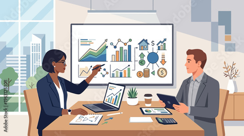 Business Professionals Analyzing Data Analytics and Financial Growth Strategy in Modern Office Illustration