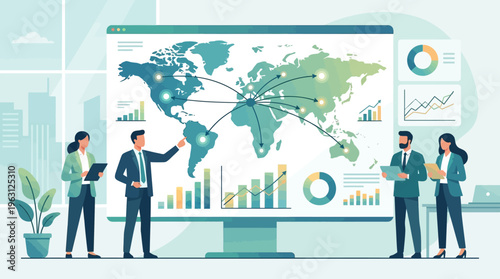 Global Business Strategy and Data Analysis Team Working on International Market Research with Interactive World Map and Financial Charts