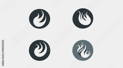 Four minimalist fire or flame emblem designs in dark circles on a light gray background