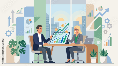 Business Professionals Analyzing Growth Data and Financial Success in Modern Office Flat Vector Illustration