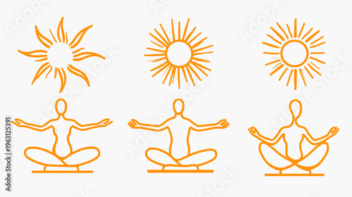 Three suns above seated figures in meditation poses, orange lines on white background
