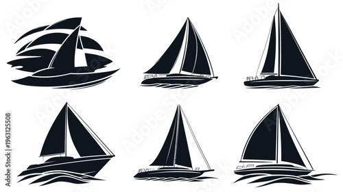 Set of black and white vector sailboat illustrations, showcasing various yacht designs and sail types