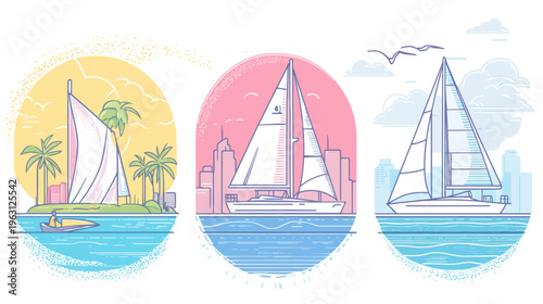 Three colorful illustrations of sailboats on the water with different backgrounds and environments
