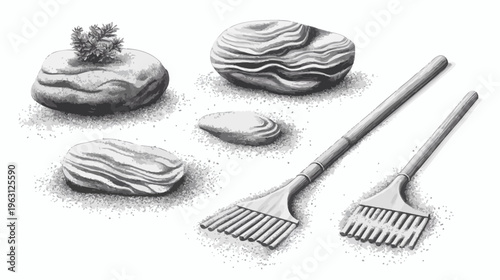 Black and white illustration of Zen garden elements rakes, stones, and a tiny plant